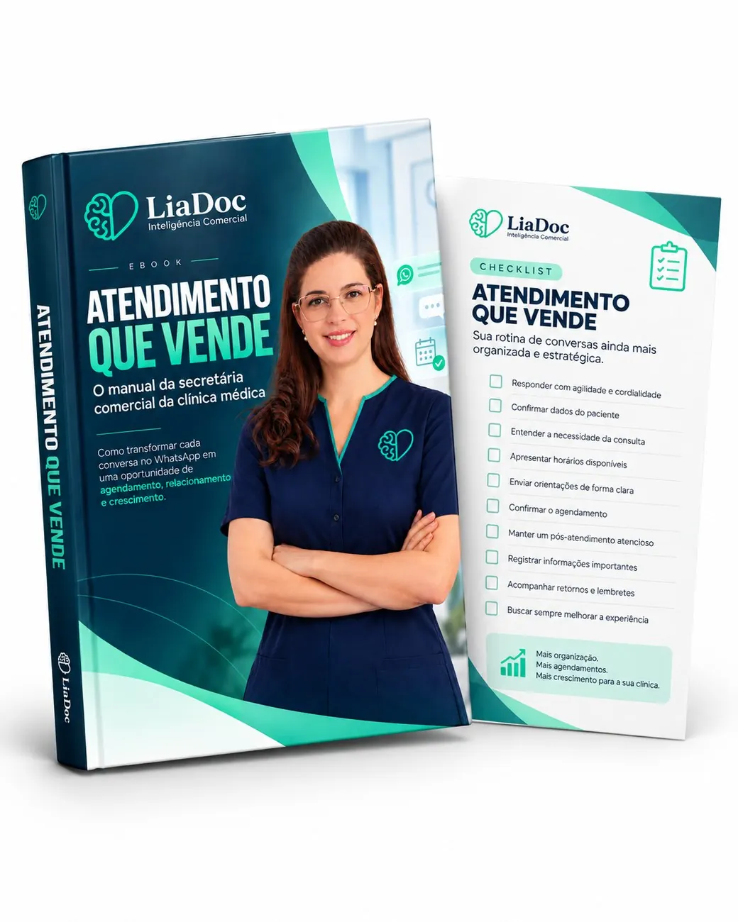 Capa do e-book Atendimento que Vende e checklist da LiaDoc